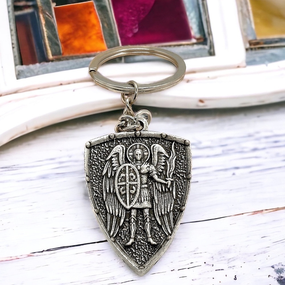 Arch Angel Michael Heavy Silver Keychain
